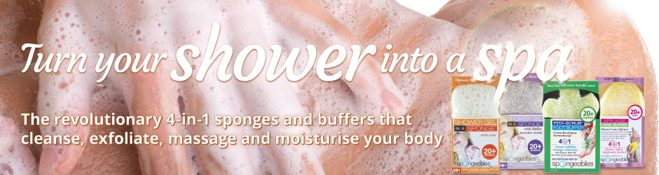 Revolutionary 4-in-1 sponges and buffers that cleanse, exfoliate, massage and moisturise your body